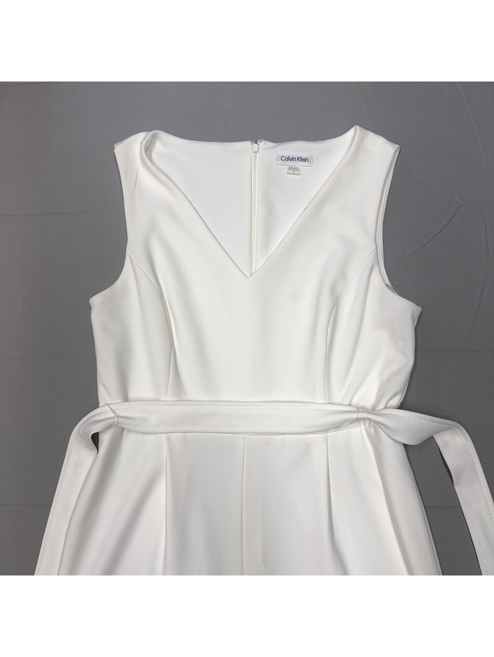Calvin Klein Womens Sleeveless V-Neck Wide Leg Belted Jumpsuit Size 12 White